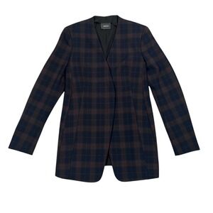 Akris Navy & Bark Plaid Blazer Jacket Women 6 Navy Burgundy  Zip $2,900 MSRP